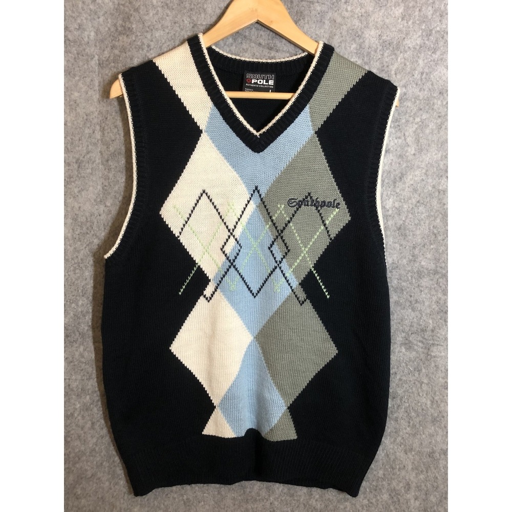 Southpole Sweater Vest Mens Large Black Blue Argyle‎ Knit Pullover Preppy 2000s
